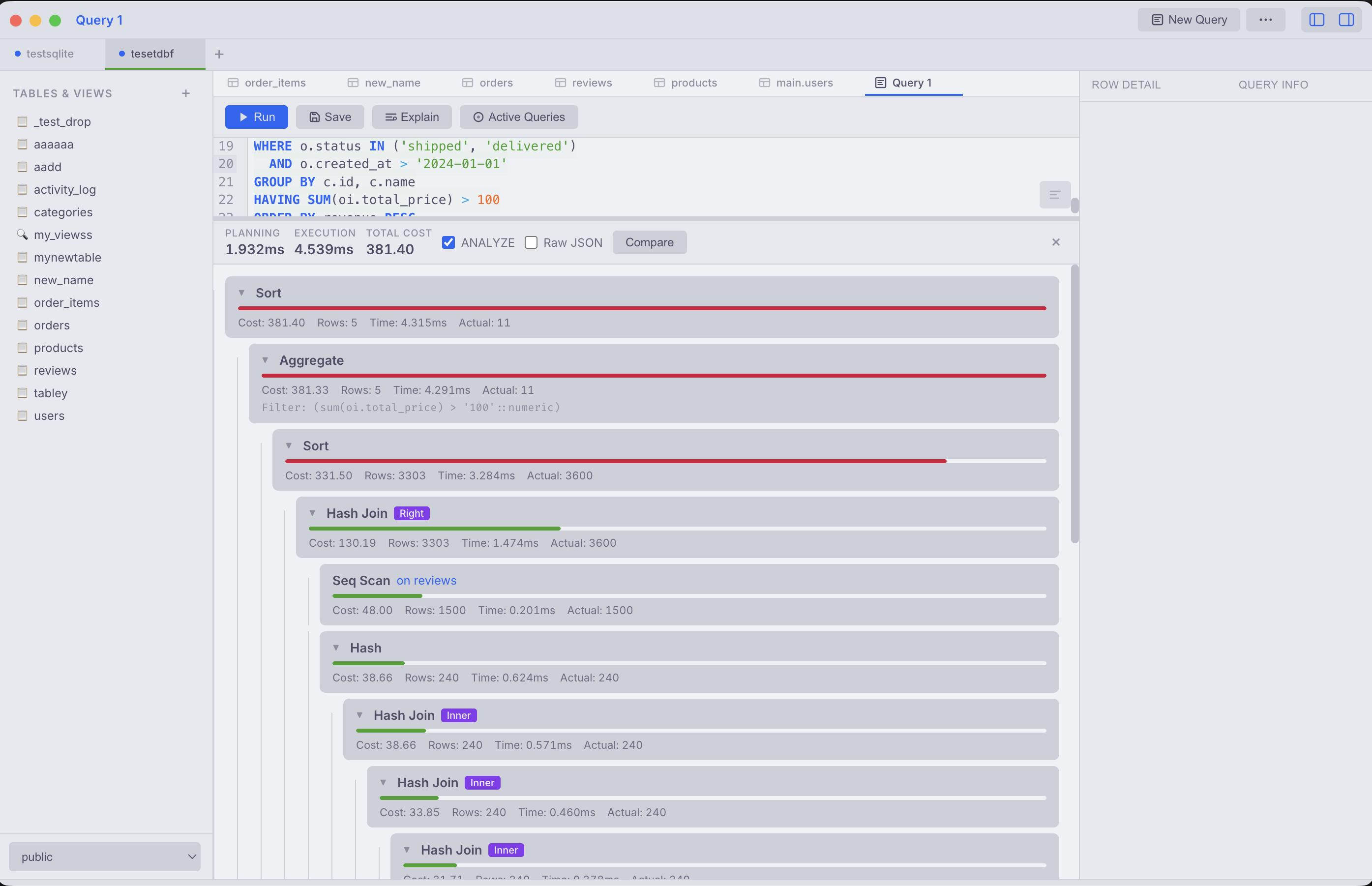 GoatDB visual EXPLAIN plan highlighting query bottlenecks