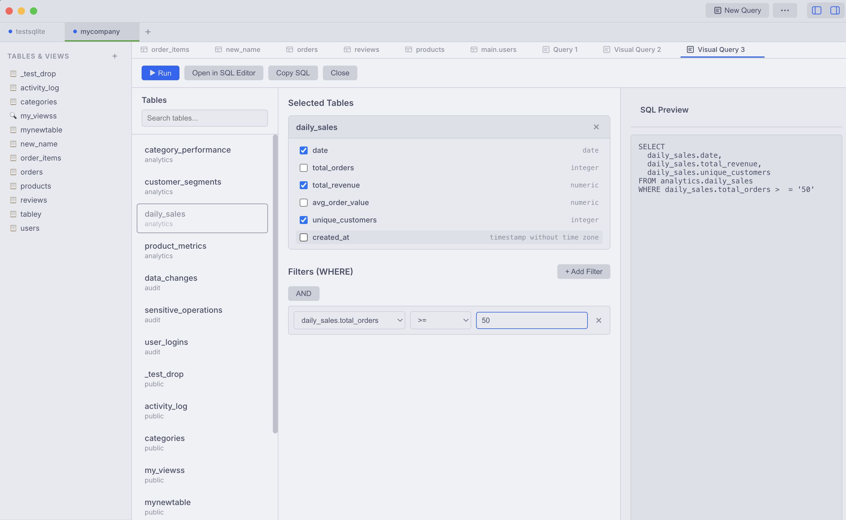 GoatDB SQL editor with syntax highlighting and query results