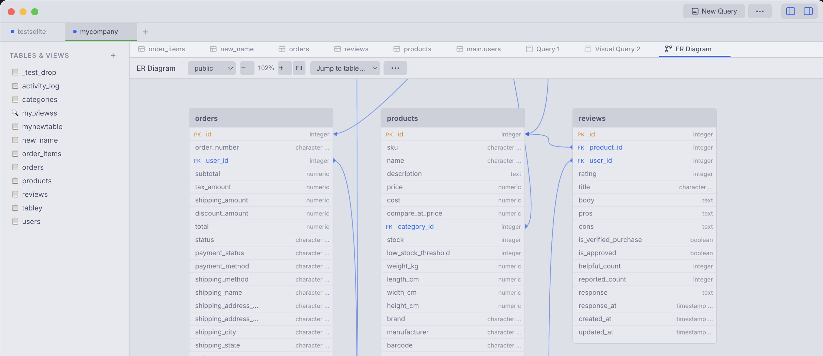GoatDB schema inspector showing tables, columns, and indexes