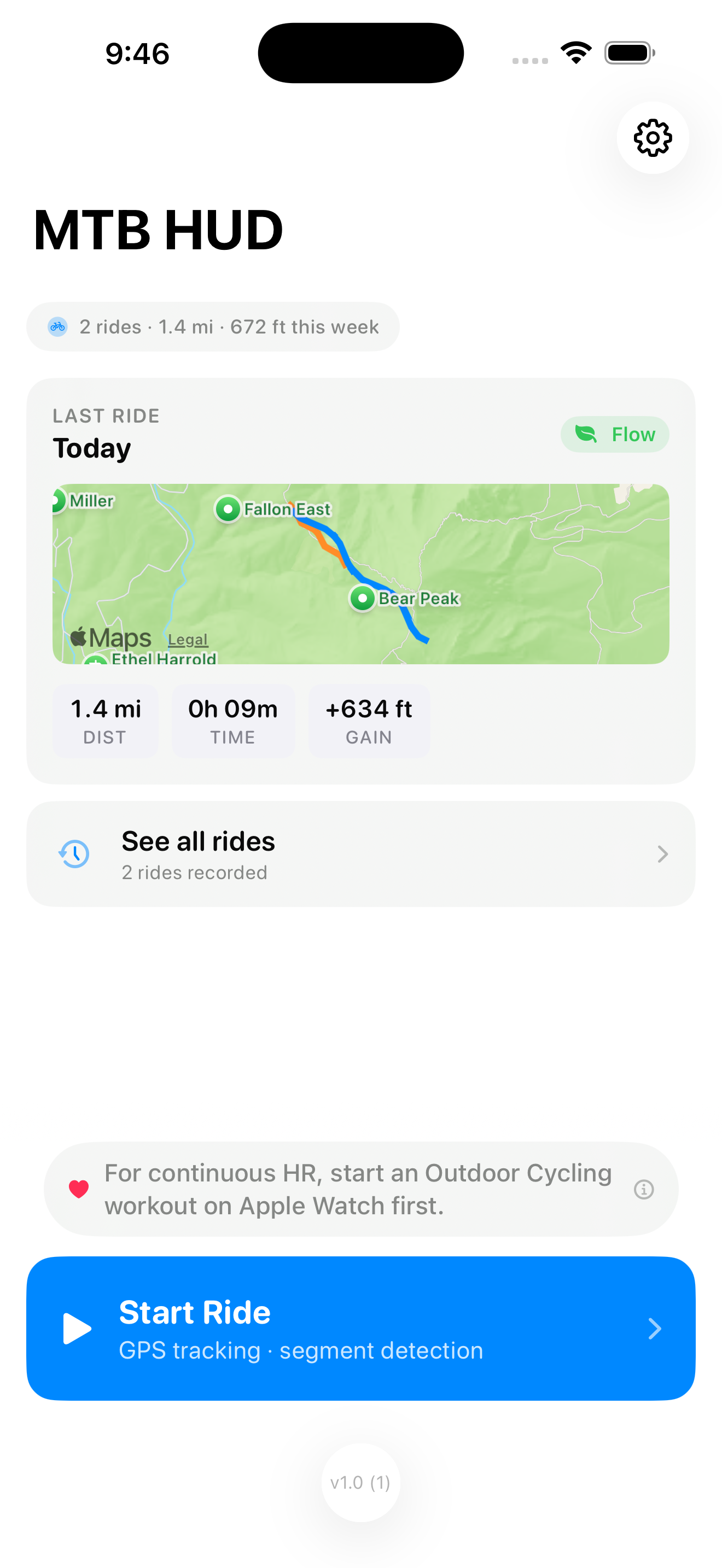 MTB HUD home screen with last ride preview and Start Ride button