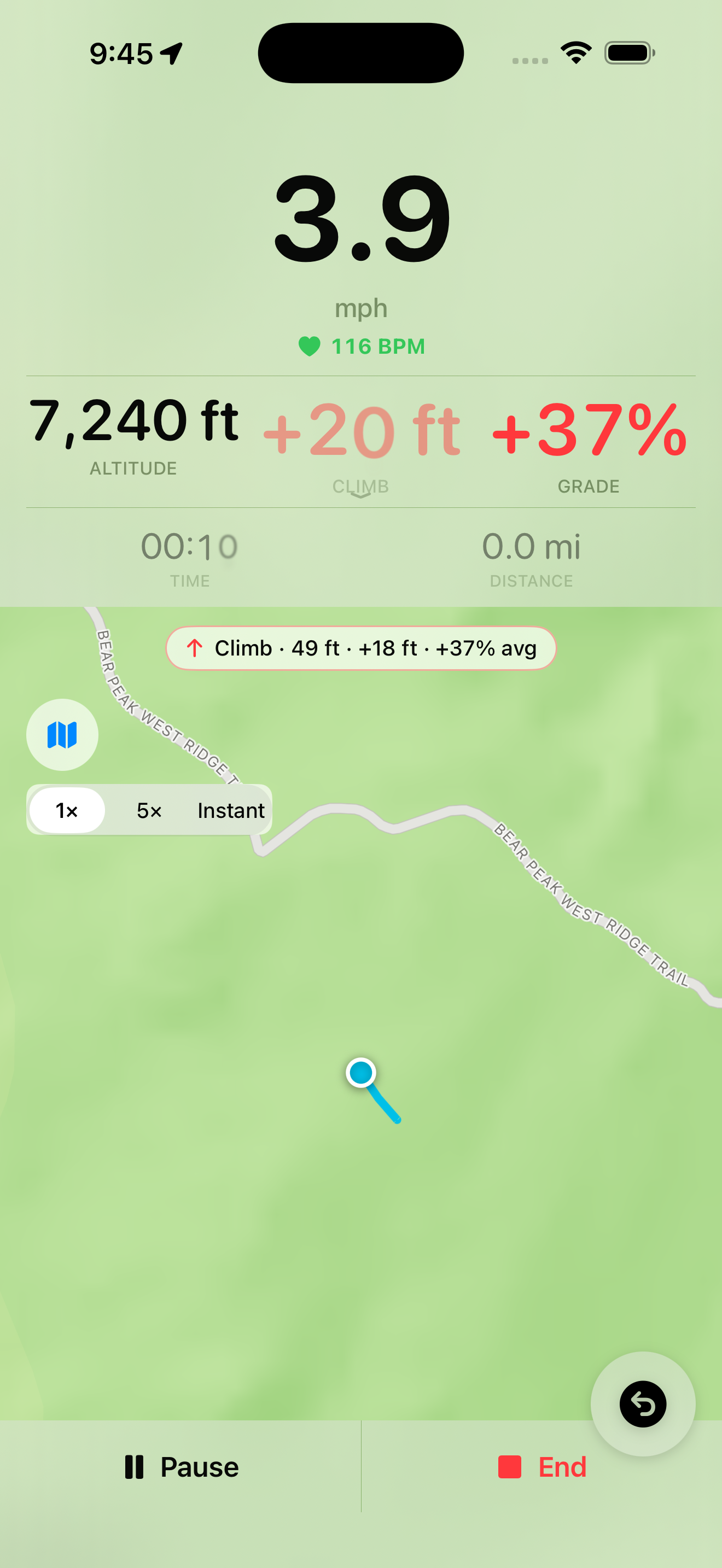 Live HUD during a ride showing speed, heart rate, altitude, climb, grade, and a map
